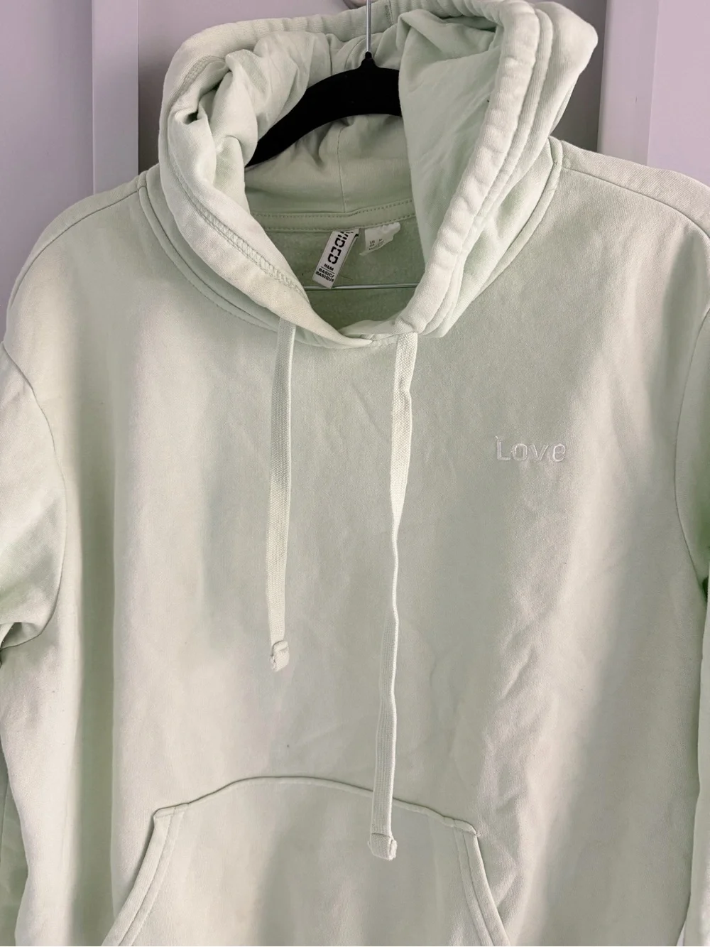 H&M Mint Sage Green Love Embroidered Fleece Hoodie M - Picture 7 of 8